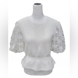 Alice Blue Ribbed Floral Lace Puff Sleeve